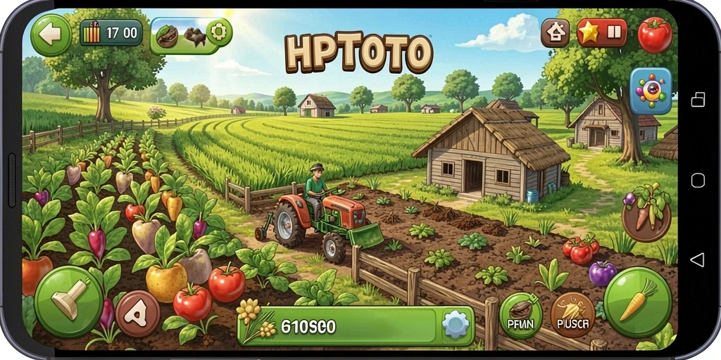 Tangkapan layar gameplay HPTOTO menunjukkan kebun yang hijau dan subur.