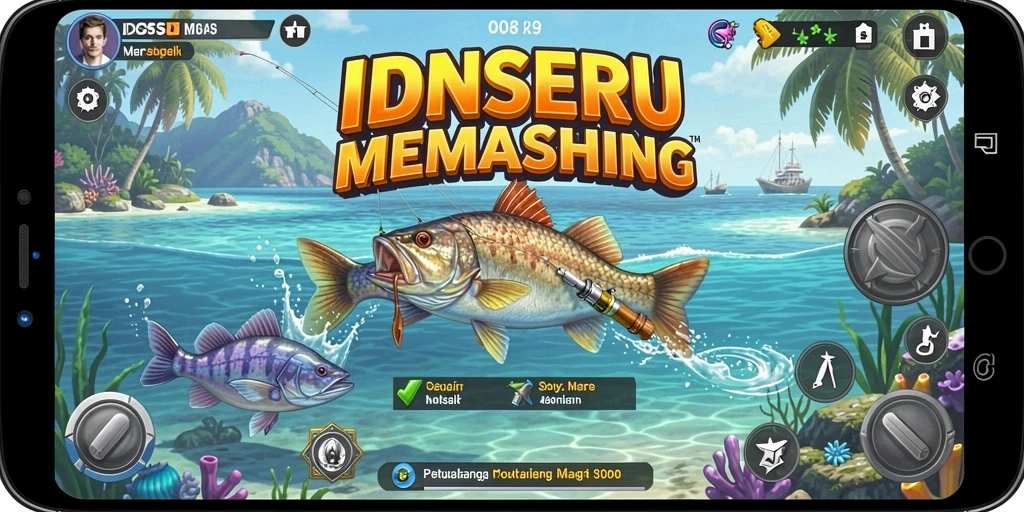 Screenshot gameplay IDNSERU menunjukkan pemain menangkap ikan di lokasi indah.
