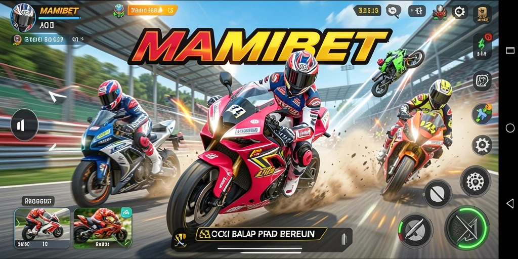 Screenshot gameplay MAMIBET menampilkan balapan motor yang mendebarkan.