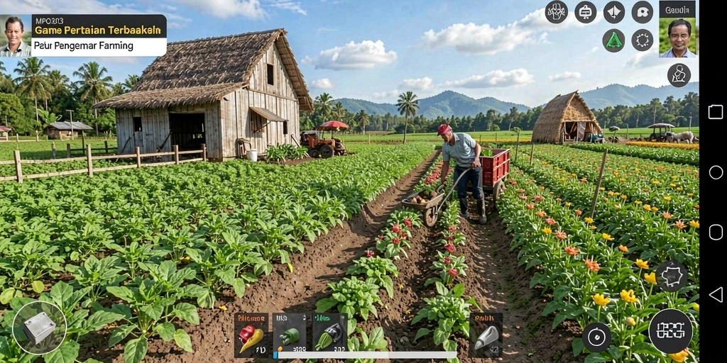 Tampilan gameplay MPO303 dengan pertanian yang indah dan aktivitas bercocok tanam.