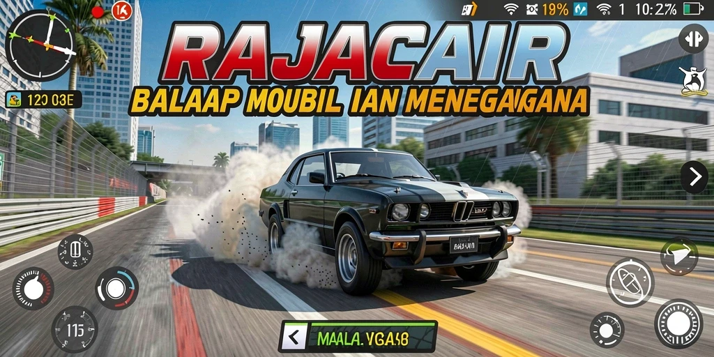 Tampilan gameplay seru RAJACAIR dengan mobil balap yang melaju cepat.