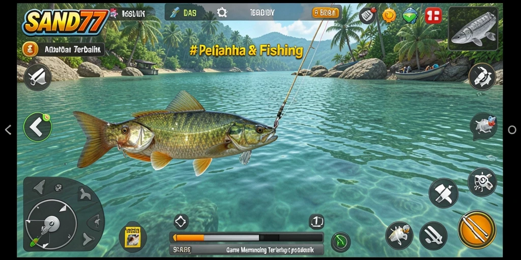 Tampilan screenshot SAND77 yang menampilkan pemain menangkap ikan besar.