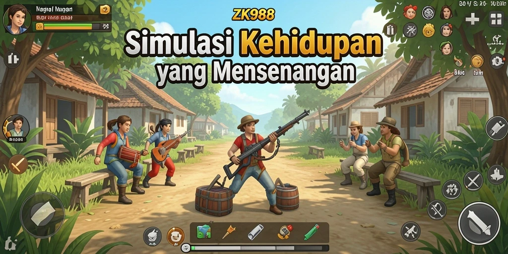 Screenshot gameplay ZK988 menunjukkan dunia simulasi yang menawan dan interaksi karakter.